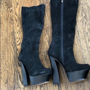 Black suede platform high heel boots